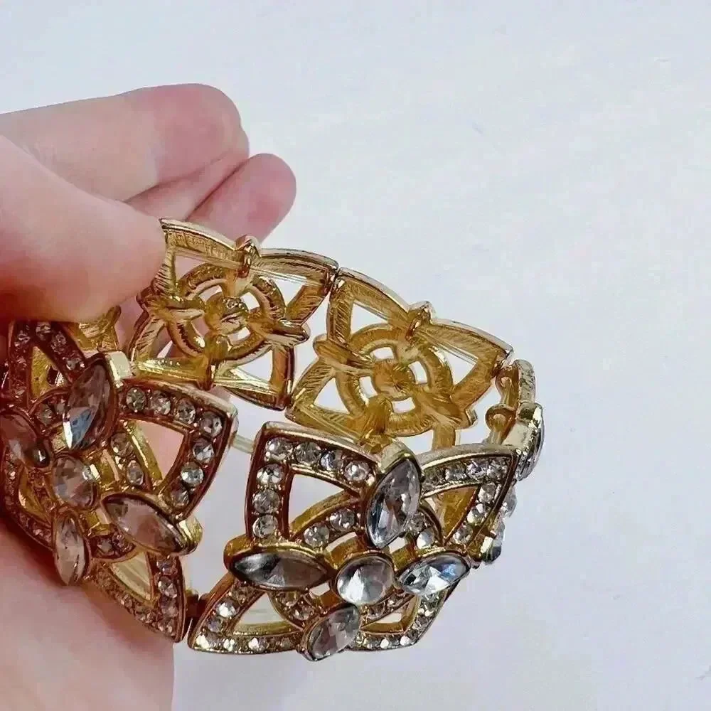 Gold Rhinestone Statement Bracelet Chunky Bohemian Boho Chic
